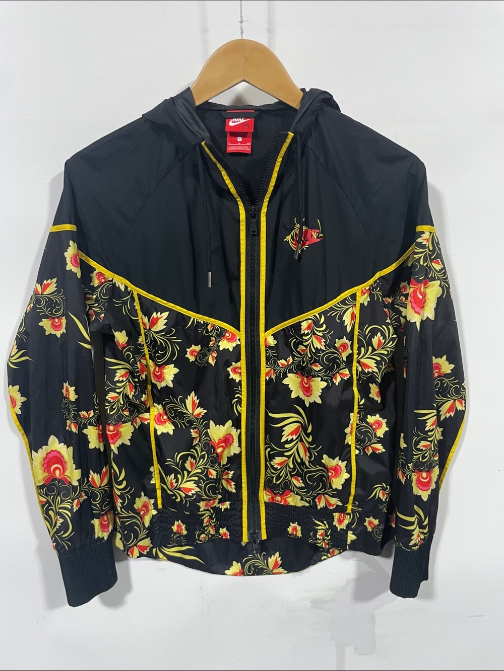 Nike Black Hooded Windbreaker with Yellow and Red Floral Print